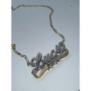 Lucy Nameplate Necklace Two Tone Gold Silver Figaro Chain Heart Detail